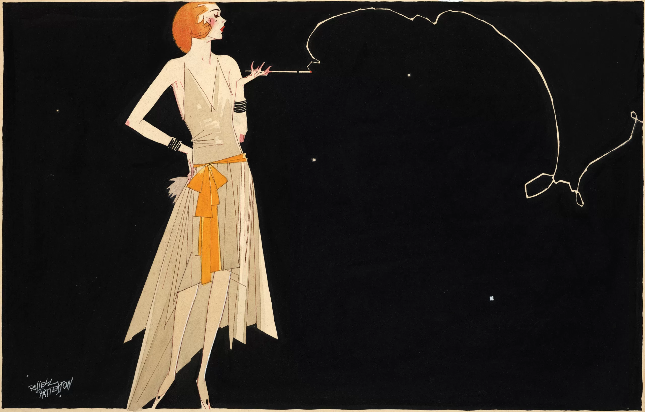 Art-déco-Modeillustration einer Frau im 1920er-Stil mit Zigarettenspitze