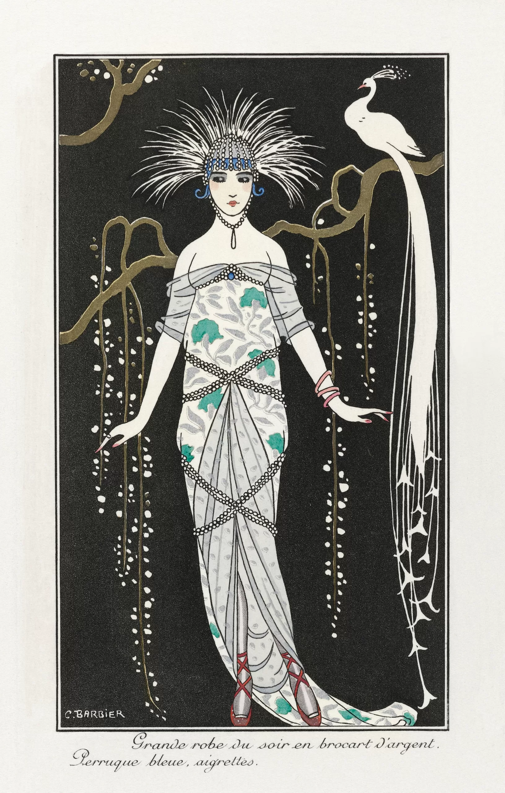 Art-déco-Modeillustration von Georges Barbier: Abendkleid aus Silberbrokat mit Pfau