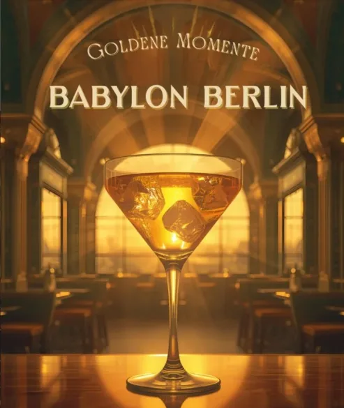 Illustration „Goldene Momente Babylon Berlin“ mit Cocktailglas in stilvollem Art-déco-Ambiente